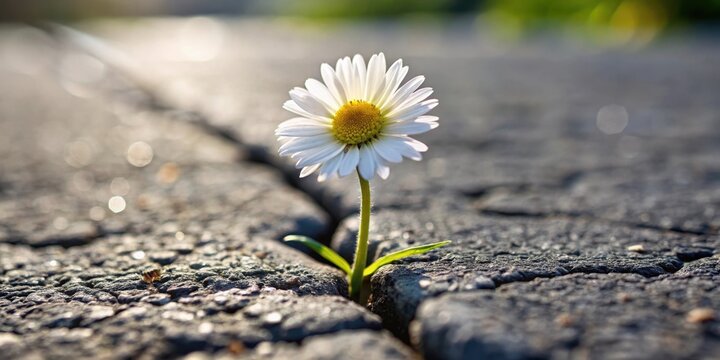 A delicate daisy flower blooms through a crack in the worn asphalt road