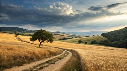 Obraz premium Golden Wheat Fields with Winding Path under Vast Cloudy Blue Sky V7