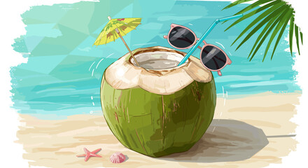 Tropical beach vibes with coconut drink and sunglasses under palm shade