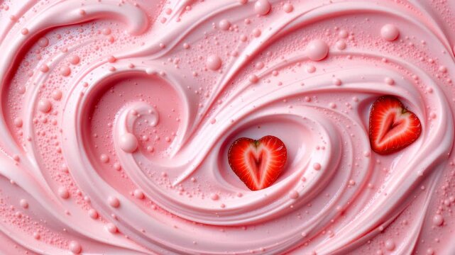 Love's Sweet Swirl: Captivating, high-angle view of pink swirl with two strawberry hearts, a visual ode to sweetness, delighting viewers with its cheerful essence.