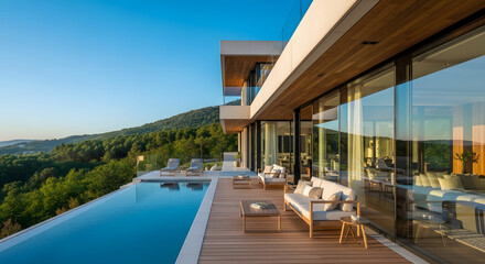 Fototapeta premium Luxury villa with infinity pool and stunning mountain landscape view