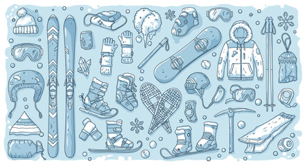 Winter sports gear collection in doodle style with snowboards, skis, and accessories