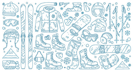 Obraz premium Winter sports gear collection: skis, snowboards, jackets, and accessories