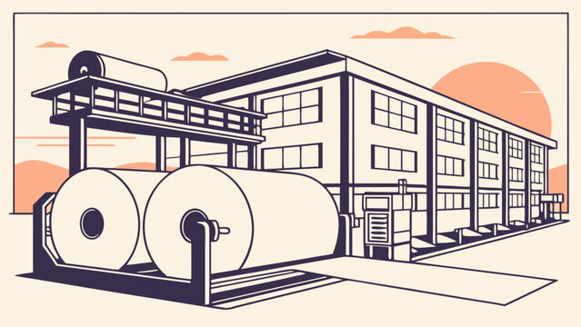 Industrial paper manufacturing factory illustration with rolls of paper and a building against a sunset background, vector graphic