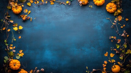 Autumn decorations with pumpkins and leaves on a blue background