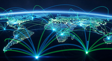 World map with glowing connections and blue lights