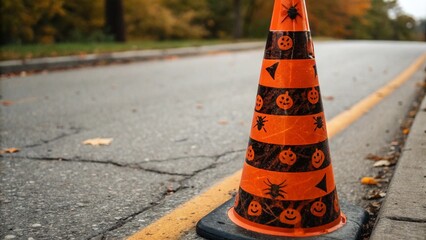 Close Up of Traffic Cone with Orange Black Stripe Pumpkin Bat and Spider Web Pattern for Halloween Theme
