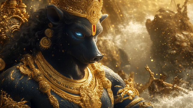 mythological varaha avatar in golden armor, fantasy hindu god artwork for book covers, posters, and spiritual concepts