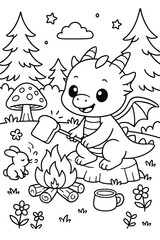 Adorable dragon roasts marshmallow at campfire in enchanting forest scene