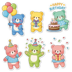 Cute teddy bears celebrating birthdays with balloons and cake
