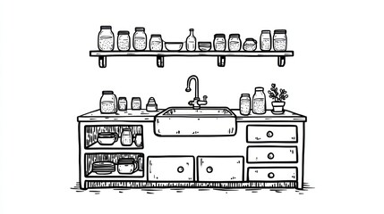 Fototapeta premium Illustrated kitchen sink with shelf, storage, and jars, black-white