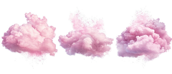 Fototapeta premium Three Pink Clouds Floating On Transparent Background Dreamy Atmospheric Decorative Design