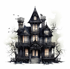 Fantasy Black Creepy, haunted house on white background.