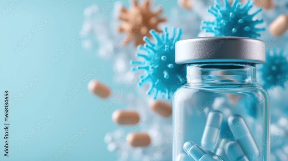 Poster science lab with capsules and virus structures in a vibrant environment