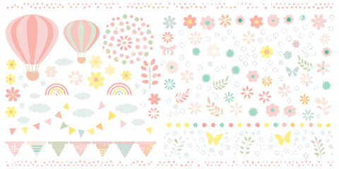 Pastel Colored Hot Air Balloons Flowers Rainbows Clouds and Bunting vector illustration