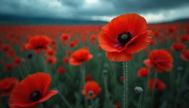 Vibrant red poppies bloom in field under dramatic, moody sky. Close-up perspective focuses on single poppy with intricate petals, dark center, set against blurred background of countless red flowers.