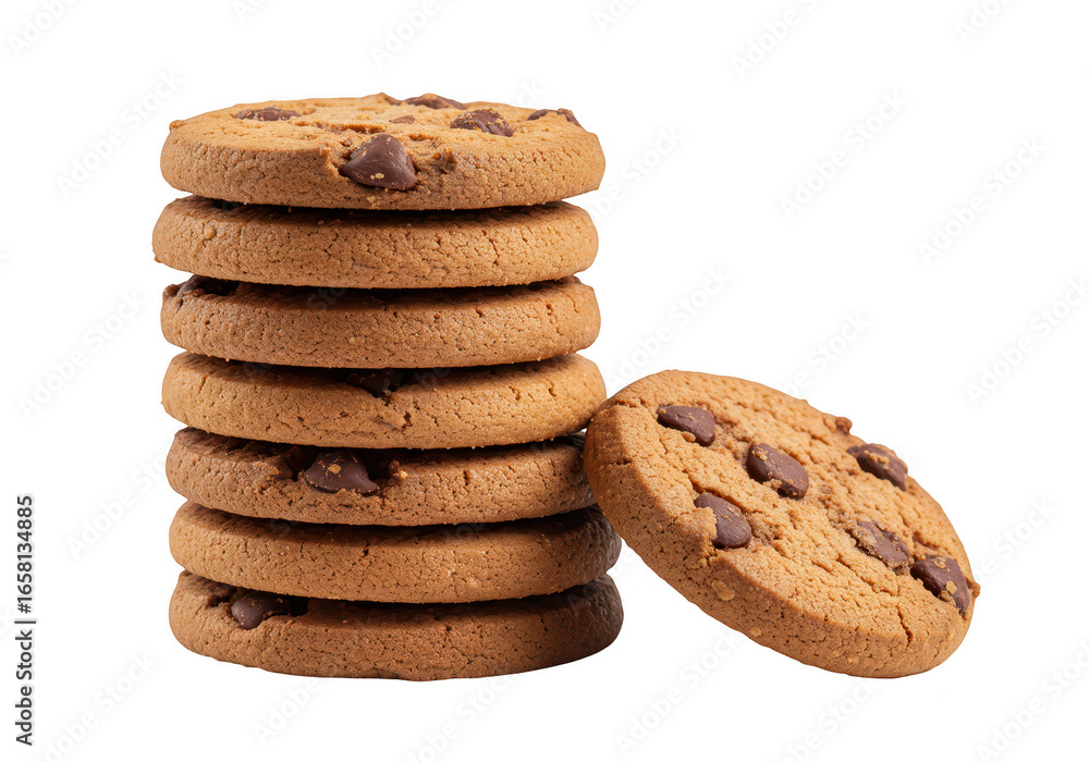 Poster stack of chocolate chip cookies with one cookie placed beside it, isolated on transparent background