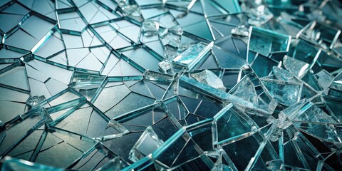 Fototapeta premium Fragmented glass shards scattered across a monochromatic background with deep cracks and fissures