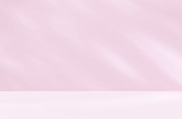 Obraz premium Empty pink colour room studio with sunlight effect shadow on the floor and wall for product presentation. Minimal backdrop design. Cosmetic, beauty and fashion showroom. Summer background mock up.