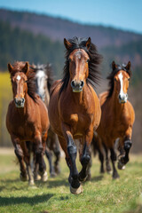 Obraz premium Group of horses galloping in open green meadow under clear sky, spring light with motion blur on legs, symbol of new 2026 year 