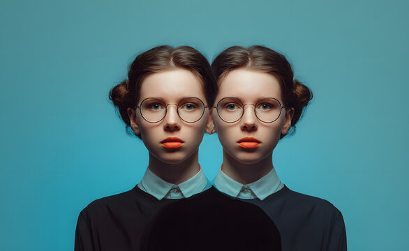 Alter ego concept, alternative self. Person and its doppelganger or twin.