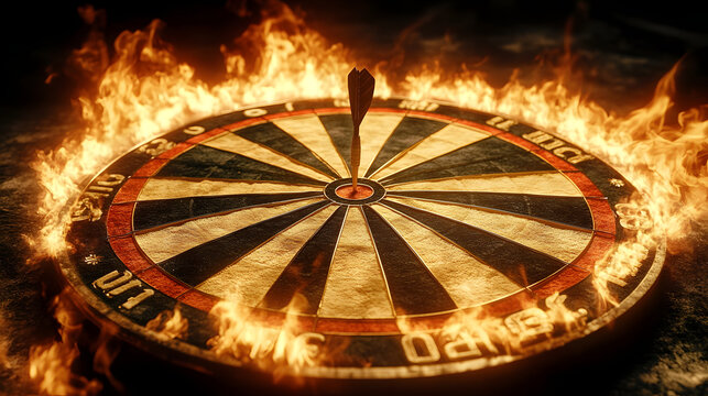 Dartboard with a dart striking the bullseye surrounded by flames in a dramatic setting