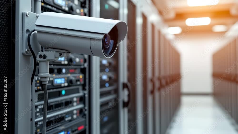 Poster surveillance in the server room: a close-up captures a surveillance camera mounted on a rack in a st