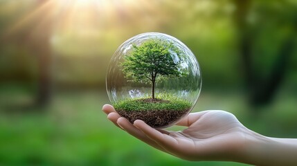 A small tree inside a clear sphere held in a hand.