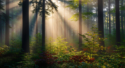 Obraz premium Sunlight beaming through a dense and misty forest