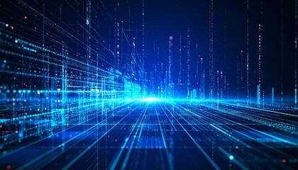 Obraz premium Abstract Blue Digital Data Stream Futuristic Technology Perspective