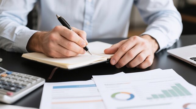 Accountant man at desk writing and calculating financial report. Concept of business finance, accounting, budget planning and data analysis.