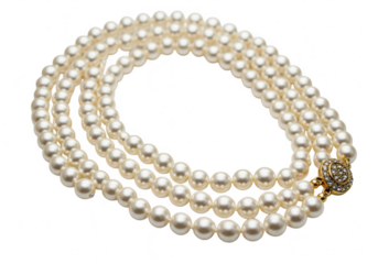 Elegant triple strand pearl necklace with a diamond clasp, isolated on transparent background