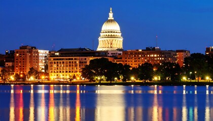 Wisconsin State Capitol at night, reflected in water