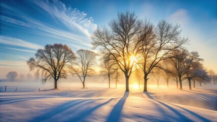 Snowy landscape with bare trees and a few sunbeams peeking through cold mist