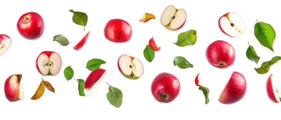 Floating Red Apples With Green Leaves And Slices On Transparent Background