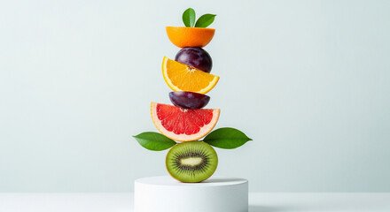 A balanced stack of sliced fruits, including kiwi, grapefruit, plum, and orange, on a white pedestal against a white background