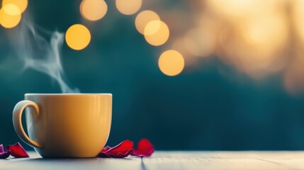 Warm cup of coffee surrounded by rose petals and soft evening lights