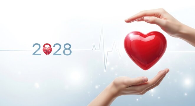 Two hands gently cradle a vibrant red heart, encircled by a protective gesture, set against a soft, light-blue background featuring a subtle EKG line and the year 2028 with a heart-lock icon