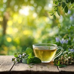Close up of green tea in wooden setting