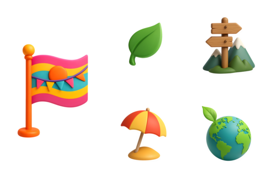 Claymation icons representing nature travel adventure and environmental protection on a black background