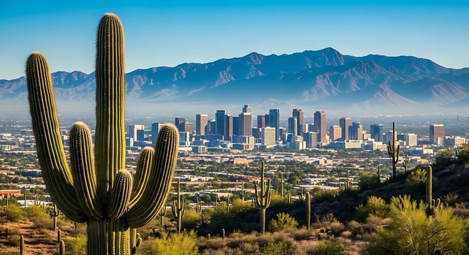 Iconic saguaro cactus frames arizona desert cityscape with distant mountains under blue sky