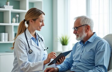 Young female doctor communicates with elderly male patient in clinic examination room. Doctor gently explains treatment information using tablet. Conversation builds trust, reassurance in comfortable