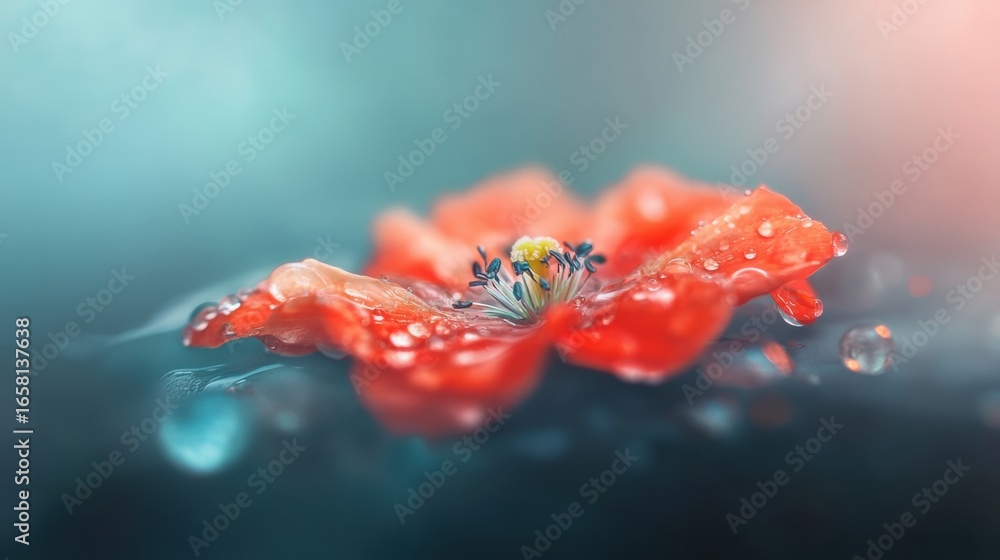 Aufkleber fresh red flower with dew drops resting on a reflective surface in soft light
