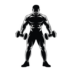 Stylized black and white silhouette of muscular person standing with dumbbells, arms slightly bent, emphasizing strength and physique