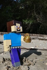Naklejka premium LEGO Minecraft action figure of Steve examining empty clam shell of invasive Asian Clam species, latin name Corbicula Fulminea, found of sandy bank of Danube river, southern Slovakia. 