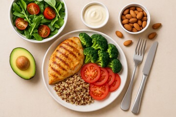 Grilled chicken breast resting on quinoa, accompanied by broccoli, tomatoes, and leafy side salad with creamy dressing, representing balanced nutritional eating