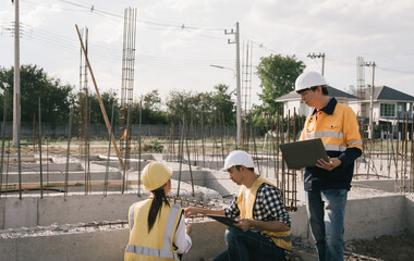 Male and female engineers who are Asian professionals in the construction industry focus on village...
