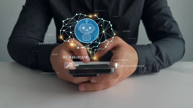 Interaction with AI assistant concept with chatbot icon, digital brain network. Modern technology, artificial intelligence, machine learning, and virtual support.