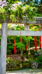 Wooden torii gate in a garden
