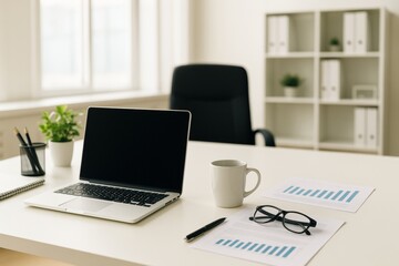 Fototapeta premium Laptop, coffee cup, eyeglasses, pen, notepad, and business documents arranged on a clean white desk in a modern office, highlighting a productive work environment